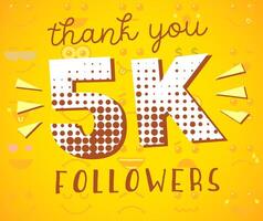 Thank you 5.000 followers Internet banner. Social media poster for 5K subscribers. Network thanks for 5k users and likes. Blogging concept. Digital greeting card. Number with newspaper retro backdrop. vector