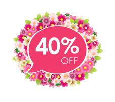 Sale coupon up to 40 percent off discount. Creative price label with floral wreath. Set of pink flowers. 3D graphic style. Web button. Commerce design. Advertising concept. Decorative frame. Cute icon vector