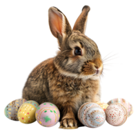 Easter bunny with easter eggs on isolated transparent background png