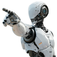 Ai android robot pointing hand at front on isolated transparent background png