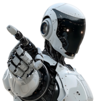 Ai android robot pointing hand at front on isolated transparent background png