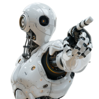 Ai android robot pointing hand at front on isolated transparent background png