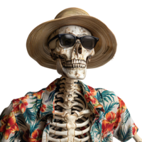 Skeleton wearing tropical shirt glasses and hat on isolated transparent background png