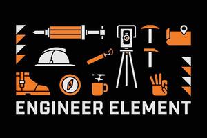 set of engineer element with boots, helmet, hammer, dynamite, compass, map, mapping illustration vector