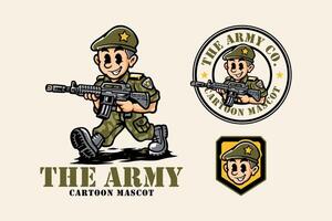 soldier army military holding weapon cartoon mascot logo design for sport adventure squad team vector