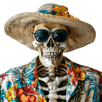 Skeleton wearing tropical shirt glasses and hat on isolated transparent background png