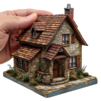 Hand holding miniature house on isolated transparent background png