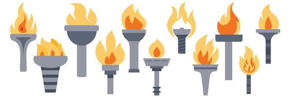 Collection of flame torches in flat style. Torch with flame icons set. Hand drawn art. vector