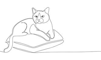 Cat on pillow one line continuous. Line art cat. Hand drawn art. vector