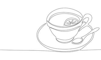 Cup of tea with piece with lemon, one line continuous. Line art tea with lemon. Hand drawn art. vector