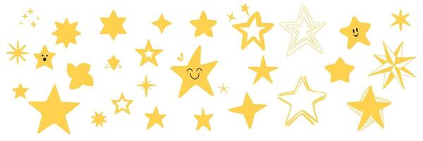 Collection of hand drawn stars, yellow color isolated. Hand drawn art. vector