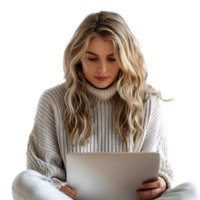 Frau Sitzung mit ein Laptop auf isoliert transparent Hintergrund png