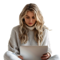 Woman sitting using a laptop on isolated transparent background png