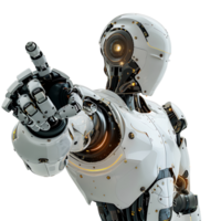 Ai android robot pointing hand at front on isolated transparent background png