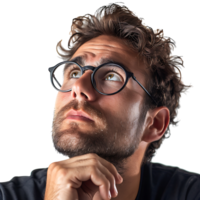 homme avec des lunettes en pensant sur isolé transparent Contexte png