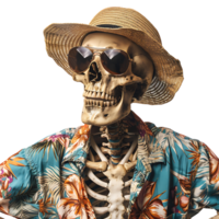 Skeleton wearing tropical shirt glasses and hat on isolated transparent background png