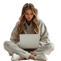 Woman sitting using a laptop on isolated transparent background png