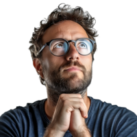 Mann mit Brille Denken auf isoliert transparent Hintergrund png