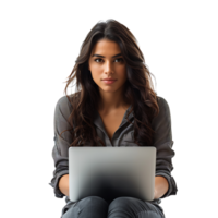 Woman sitting using a laptop on isolated transparent background png