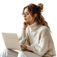 donna seduta utilizzando un' il computer portatile su isolato trasparente sfondo png