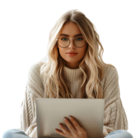 Woman sitting using a laptop on isolated transparent background png