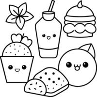 Kawaii coloring book illustration. Food coloring pages. vector