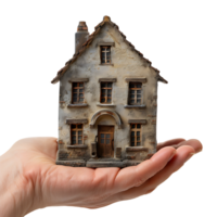 Hand holding miniature house on isolated transparent background png