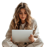 Woman sitting using a laptop on isolated transparent background png