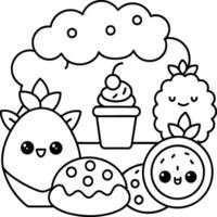 Kawaii coloring book illustration. Food coloring pages. vector