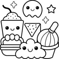 kawaii colorante libro ilustración. comida colorante paginas vector