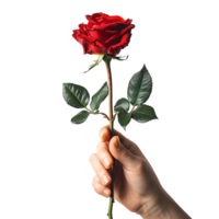 Hand holding red rose on isolated transparent background png