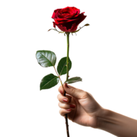 Hand holding red rose on isolated transparent background png