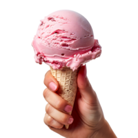 Hand holding strawberry ice cream on isolated transparent background png