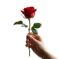 Hand holding red rose on isolated transparent background png