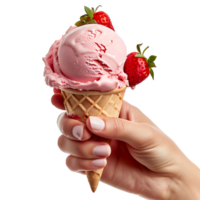 Hand holding strawberry ice cream on isolated transparent background png