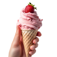 Hand holding strawberry ice cream on isolated transparent background png