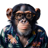 Chimpanzee wearing glasses and tropical shirt on isolated transparent background png