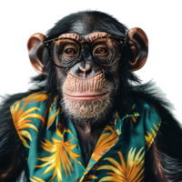 Chimpanzee wearing glasses and tropical shirt on isolated transparent background png