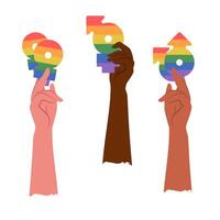 personas de diferente piel participación lgbtg emblemas, arcoíris, bandera en manos. lgbt comunidad. género, diversidad, unidad concepto. plano ilustración para póster, tarjeta, bandera, pegatina vector