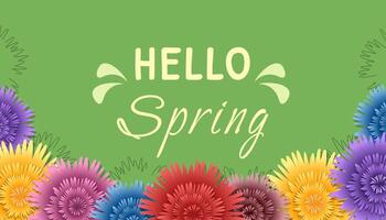 Spring background. Beautiful greeting card with colorful flowers, plants, foliage and greeting text on green background. Nature concept. templat for banner, card, poster vector