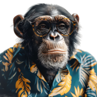 Chimpanzee wearing glasses and tropical shirt on isolated transparent background png