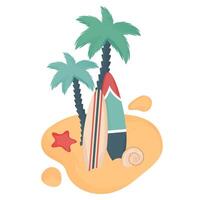 Surfboards in sand isolated on white background. Surfing. Tropical island with exotic palm leaves, starfish, shells. Summer beach background. vector