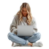 Woman sitting using a laptop on isolated transparent background png