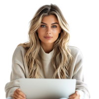 Woman sitting using a laptop on isolated transparent background png