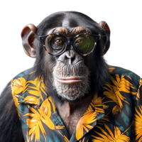 chimpancé vistiendo lentes y tropical camisa en aislado transparente antecedentes png