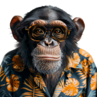 Chimpanzee wearing glasses and tropical shirt on isolated transparent background png