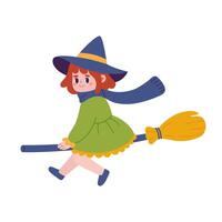 Cute witch on a broom in kawaii style. Flat illustration. vector