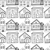 Seamless pattern. Residential buildings drawn by hand on a tablet in black. Private houses with large windows, flower beds, fences. Suitable for printing on fabric and paper, for scrapbooking. vector