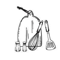 Composition of kitchen utensils drawn in . A wooden cutting board, a whisk, a meat spatula, pepper and salt drawn with a black outline. Suitable for kitchen design, fabric, tableware vector