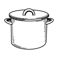 Pot with a lid in format for kitchen design. The saucepan is drawn in with a black outline on a white background. Suitable for kitchen design, textiles, paper, scrapbooking, creativity vector